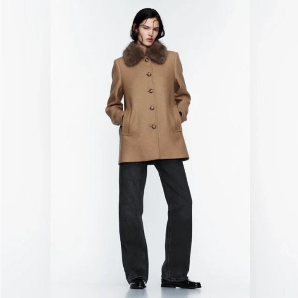 ZARA WOOL BLEND COAT WITH FAUX FUR COLLAR Size S NEW WITH TAG!